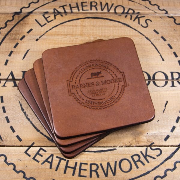 Coaster Set - Dark Stain Oak Bark Leather